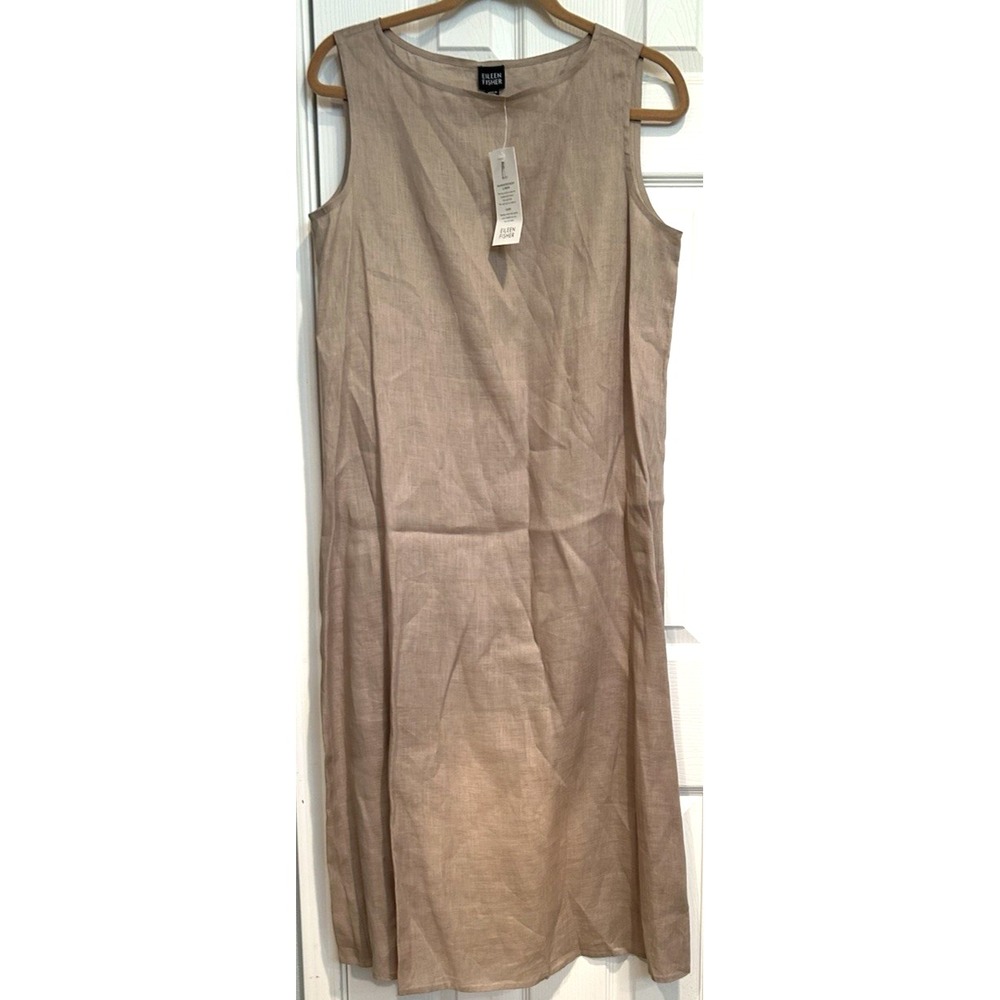 NWT Eileen Fisher Beige Handkerchief Linen Boatneck Tank Dress Sz M Midi Stone